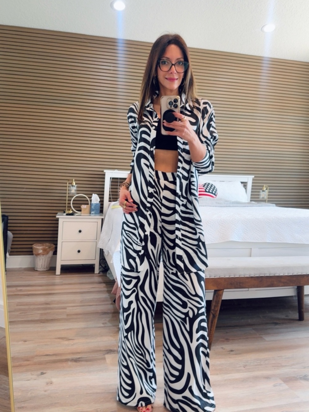 Fashion Nova Black & White Zebra-Print Wide Leg Pants with Matching Jacket